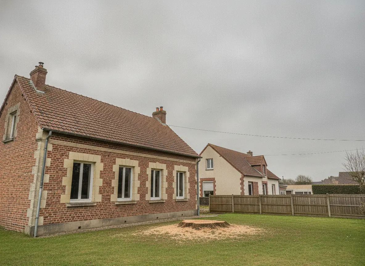 Jardin dégagé après abattage du conifère à Beauvais, souche basse fraîchement coupée et maison libérée