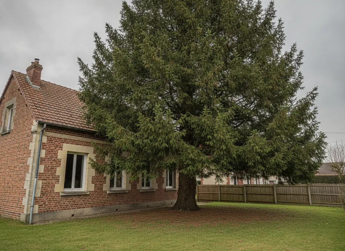 Grand épicéa envahissant collé à une maison en brique rouge de l'Oise, avant abattage à Beauvais