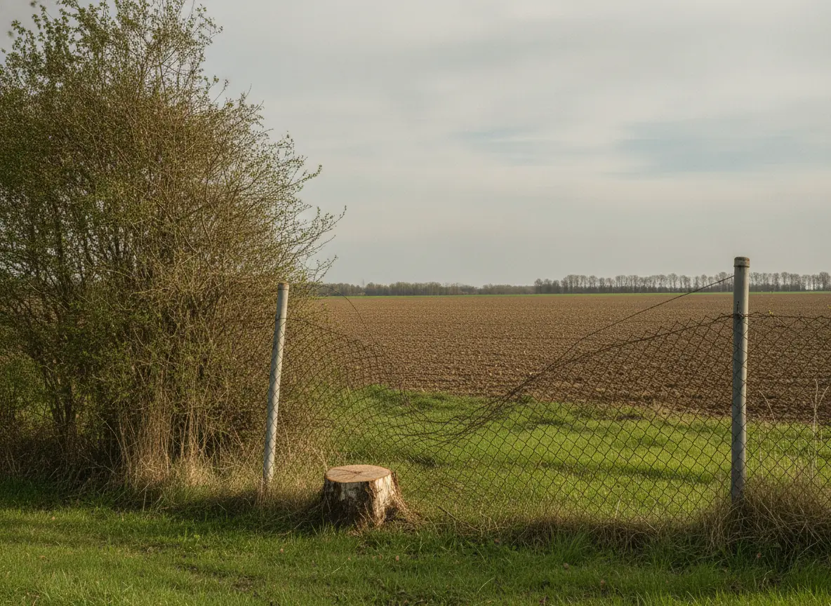 Clôture de nouveau dégagée après abattage du bouleau penché près de Beauvais, souche coupée nette