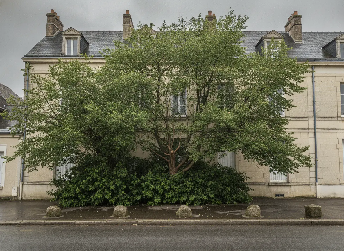 Tilleul éclairci et relevé après élagage à Beauvais, façade en pierre de nouveau visible et rue dégagée
