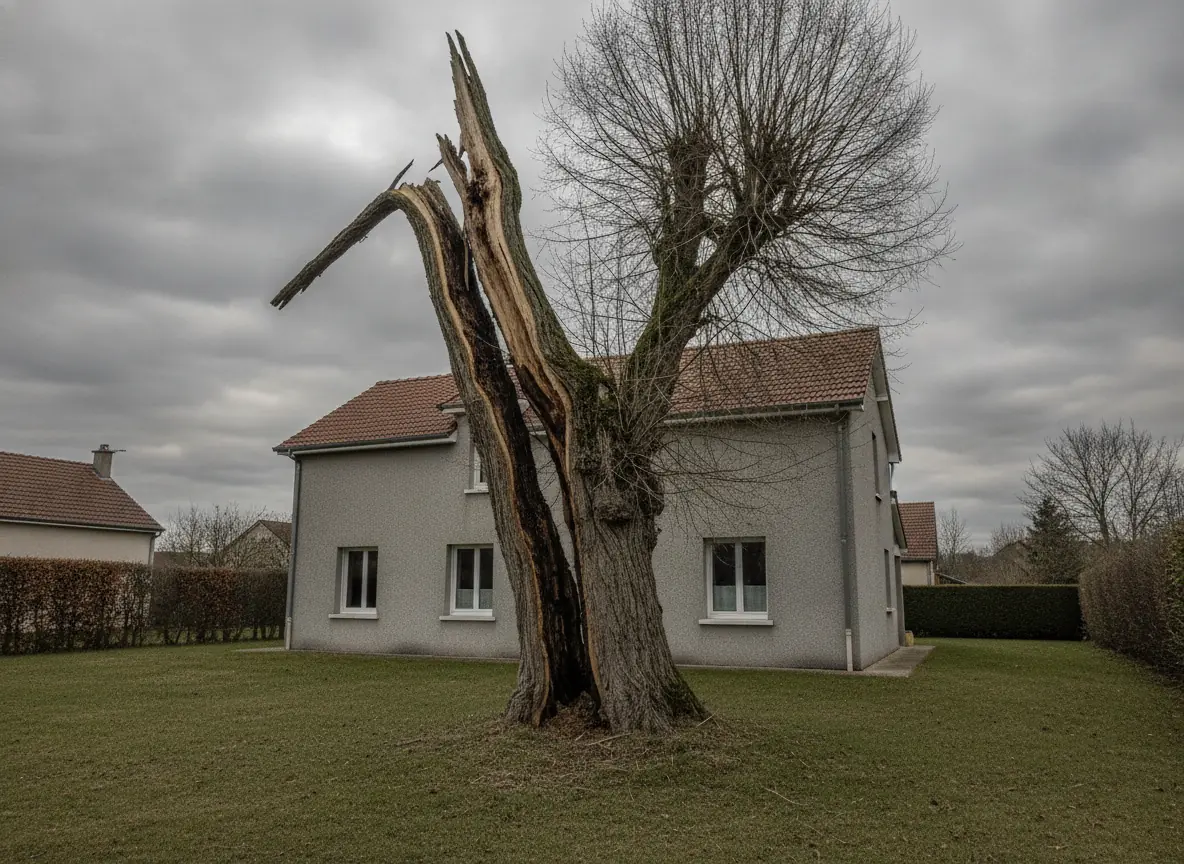 Arbre au tronc fendu et menaçant devant un pavillon enduit gris à Beauvais, avant démontage