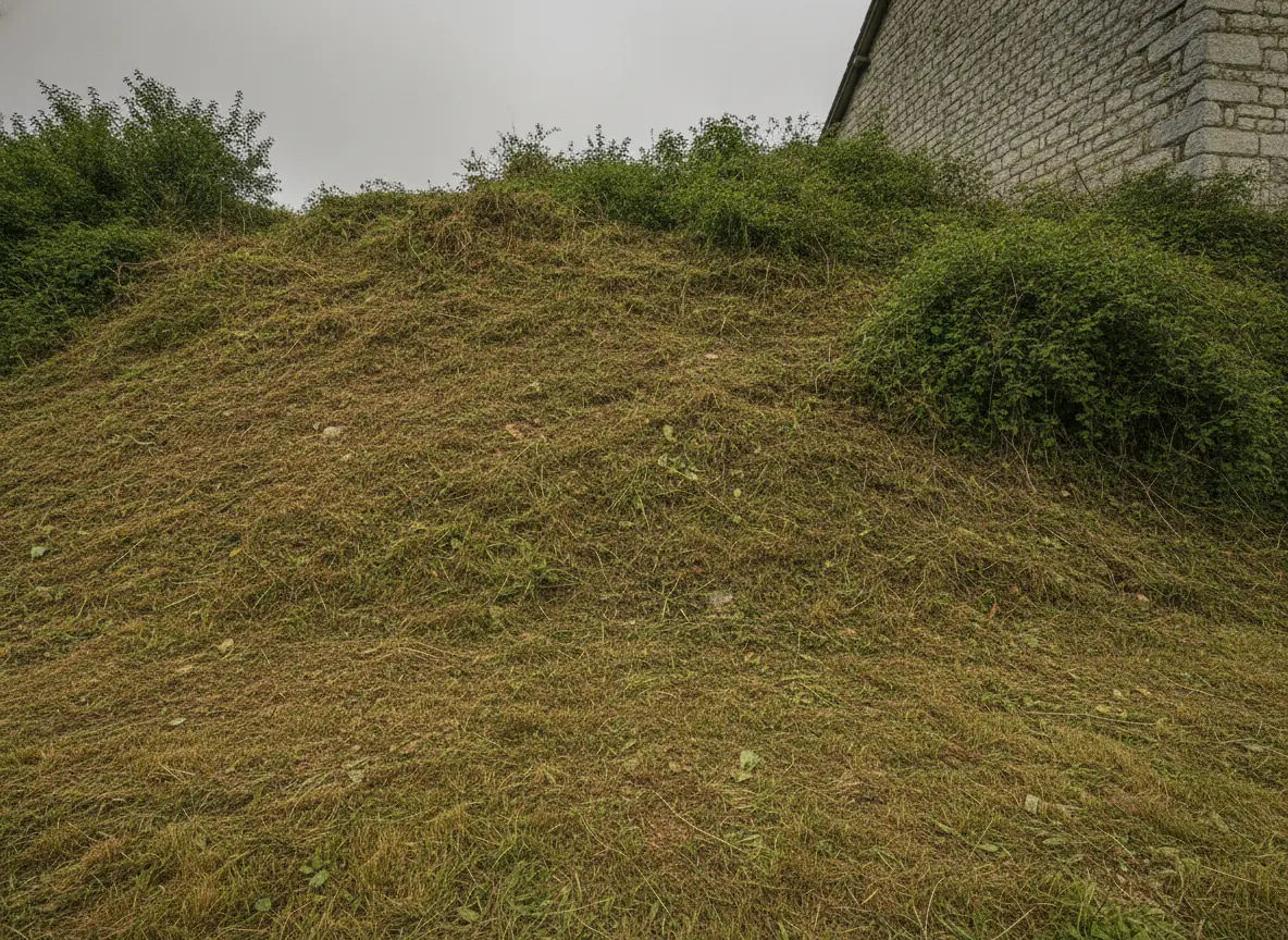 Talus débroussaillé et fauché près de Beauvais, pente et sol de nouveau visibles au pied du mur en pierre