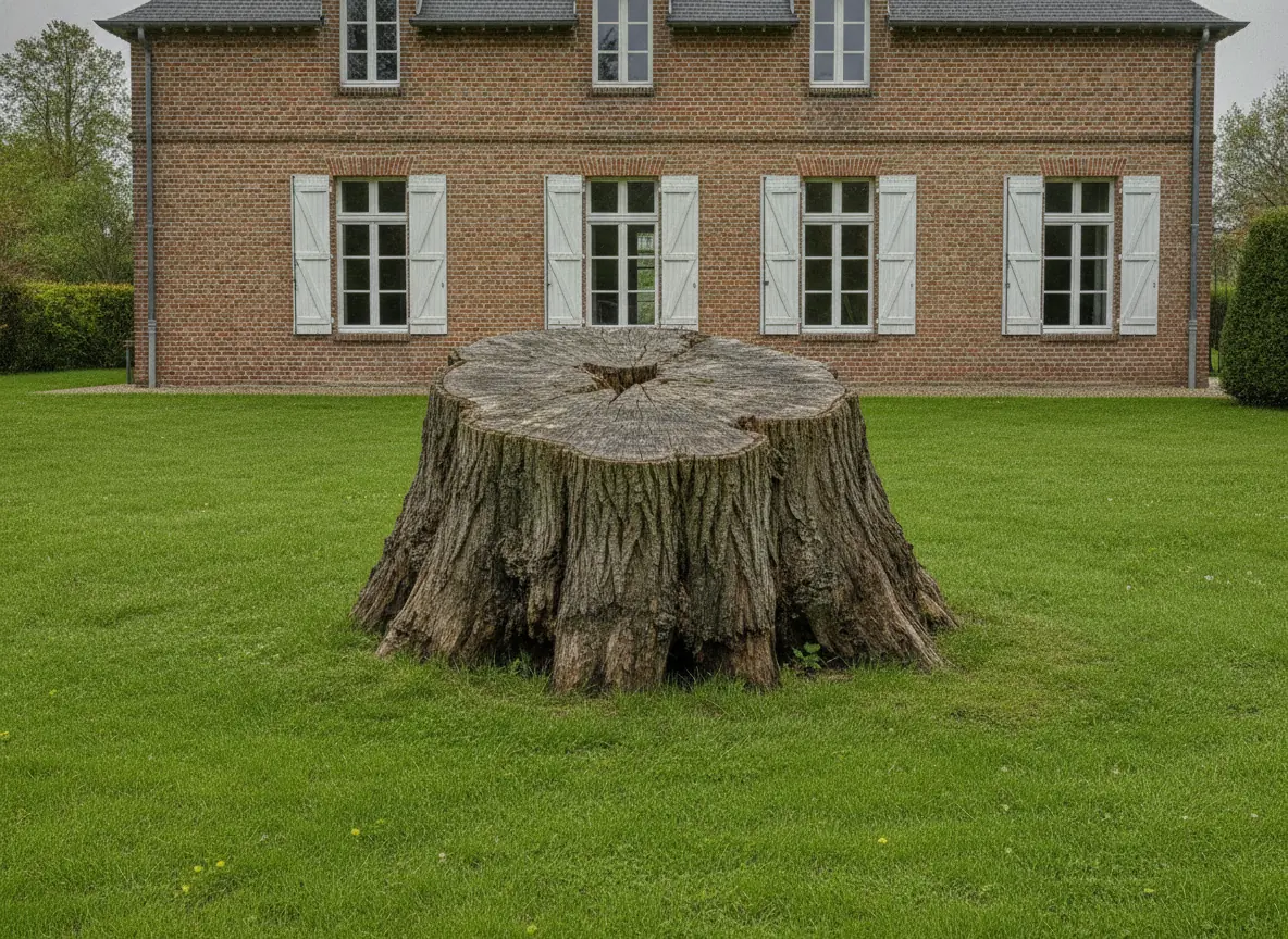 Grosse souche d'arbre au milieu d'une pelouse devant une maison en brique rouge à Beauvais, avant dessouchage