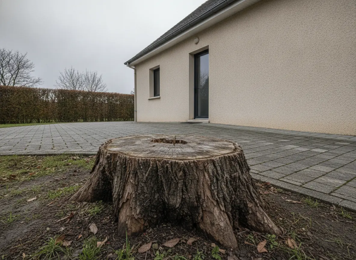Souche gênant le passage en bordure d'une allée pavée devant une maison enduite à Beauvais, avant dessouchage