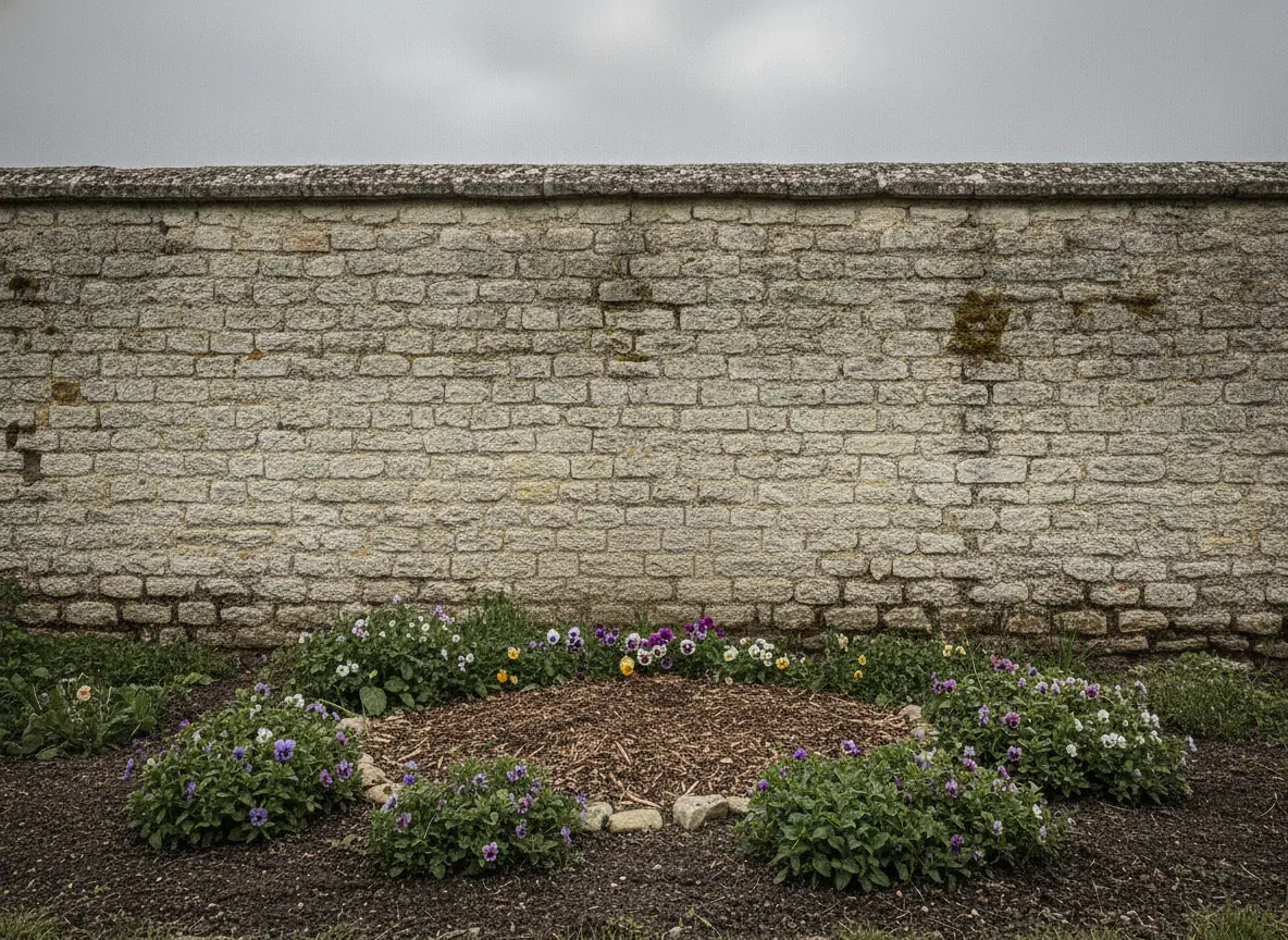 Massif fleuri dégagé après rognage de la souche près de Beauvais, copeaux au centre et pensées conservées