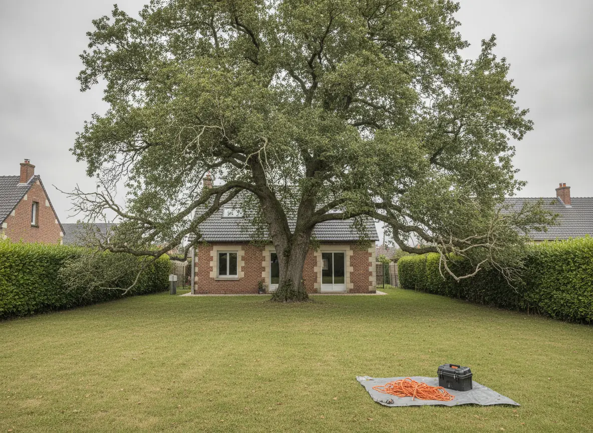 Grand chêne envahissant aux branches basses frôlant la toiture d'une maison en brique à Beauvais, avant élagage