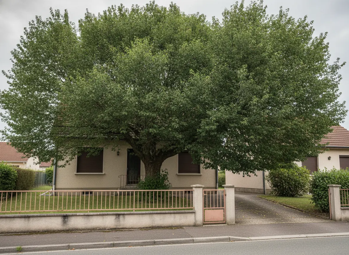 Tilleul au houppier trop large masquant la façade d'un pavillon enduit à Beauvais, avant réduction de couronne