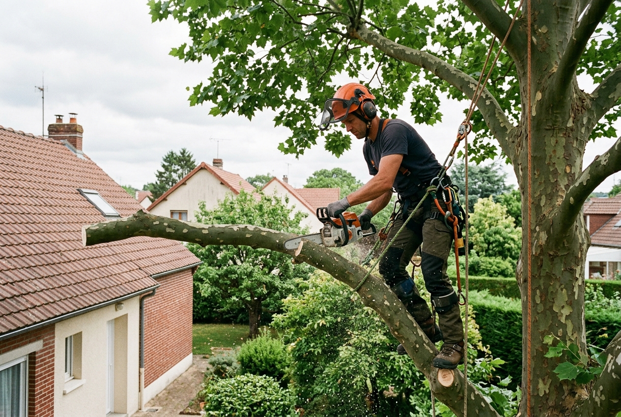 Élagage d'un arbre dans un jardin de Bresles