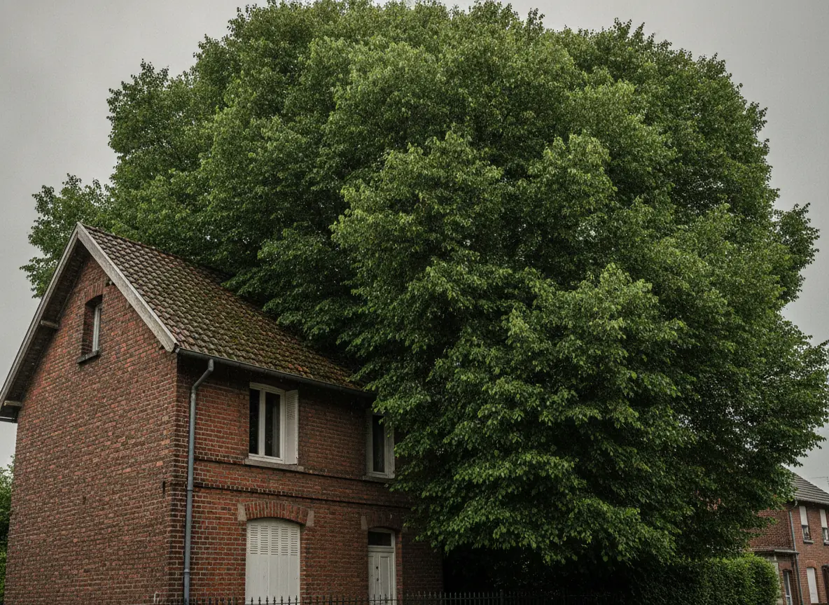 Grand arbre au houppier dense surplombant fortement la toiture d'une maison de ville en brique à Beauvais, avant démontage