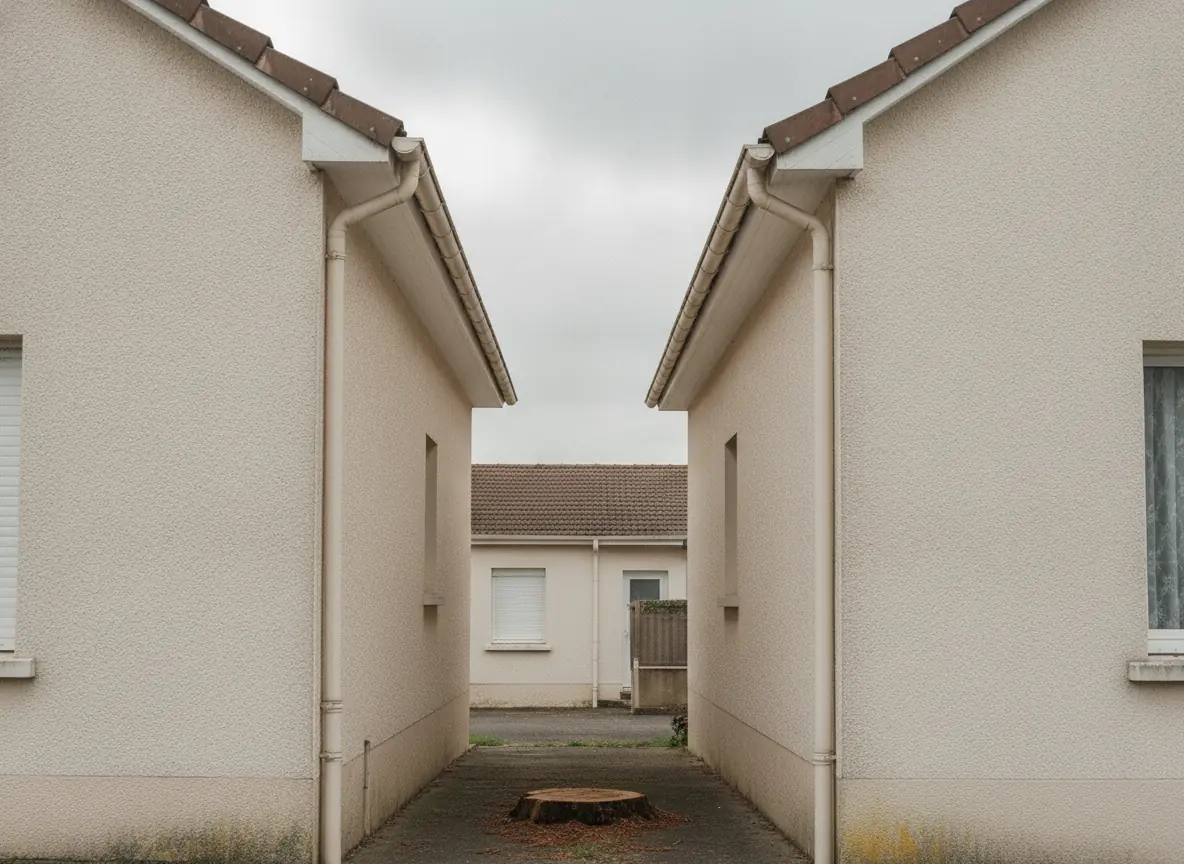 Passage entre deux pavillons dégagé après démontage du conifère à Beauvais, souche basse restante