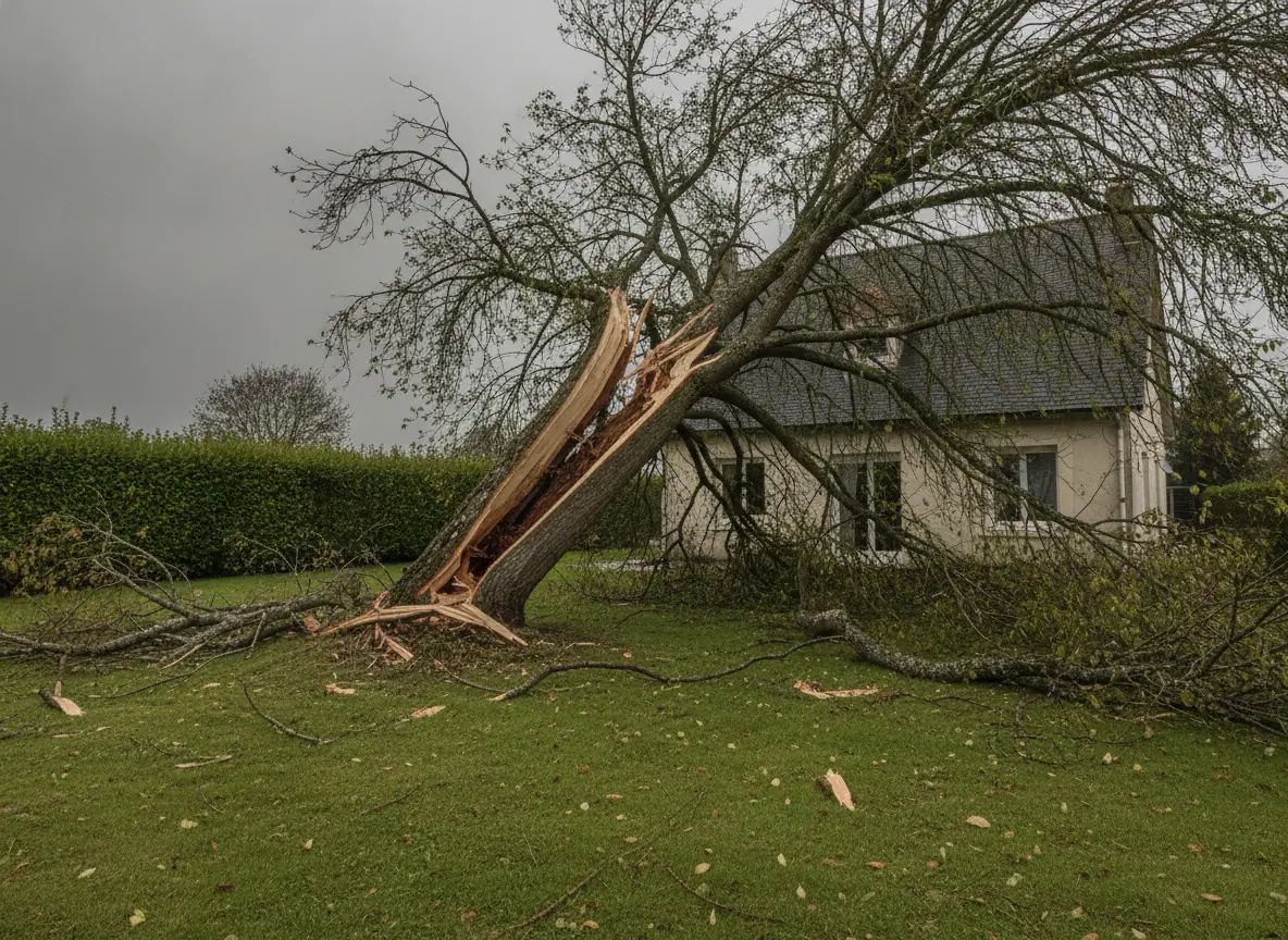 Arbre fendu au tronc éclaté et penché contre une maison enduite après tempête à Beauvais, avant intervention d'urgence