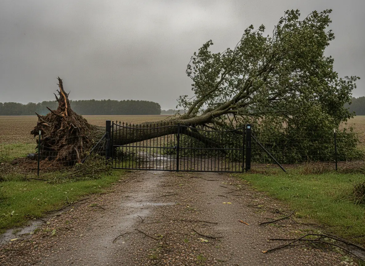 Arbre déraciné couché en travers d'un portail rural bloquant l'accès après tempête près de Beauvais, avant intervention