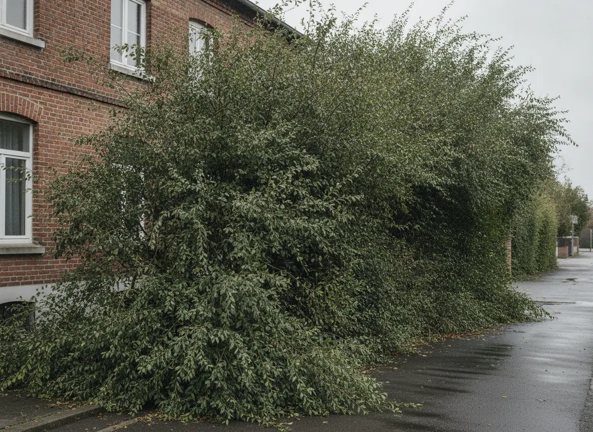 Haie envahissante débordant largement sur un trottoir devant une maison en brique à Beauvais, avant taille