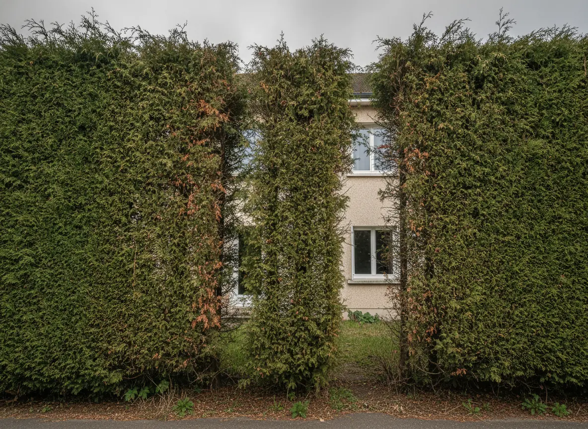 Haie de thuyas haute, irrégulière et par endroits desséchée devant un pavillon enduit à Beauvais, avant taille