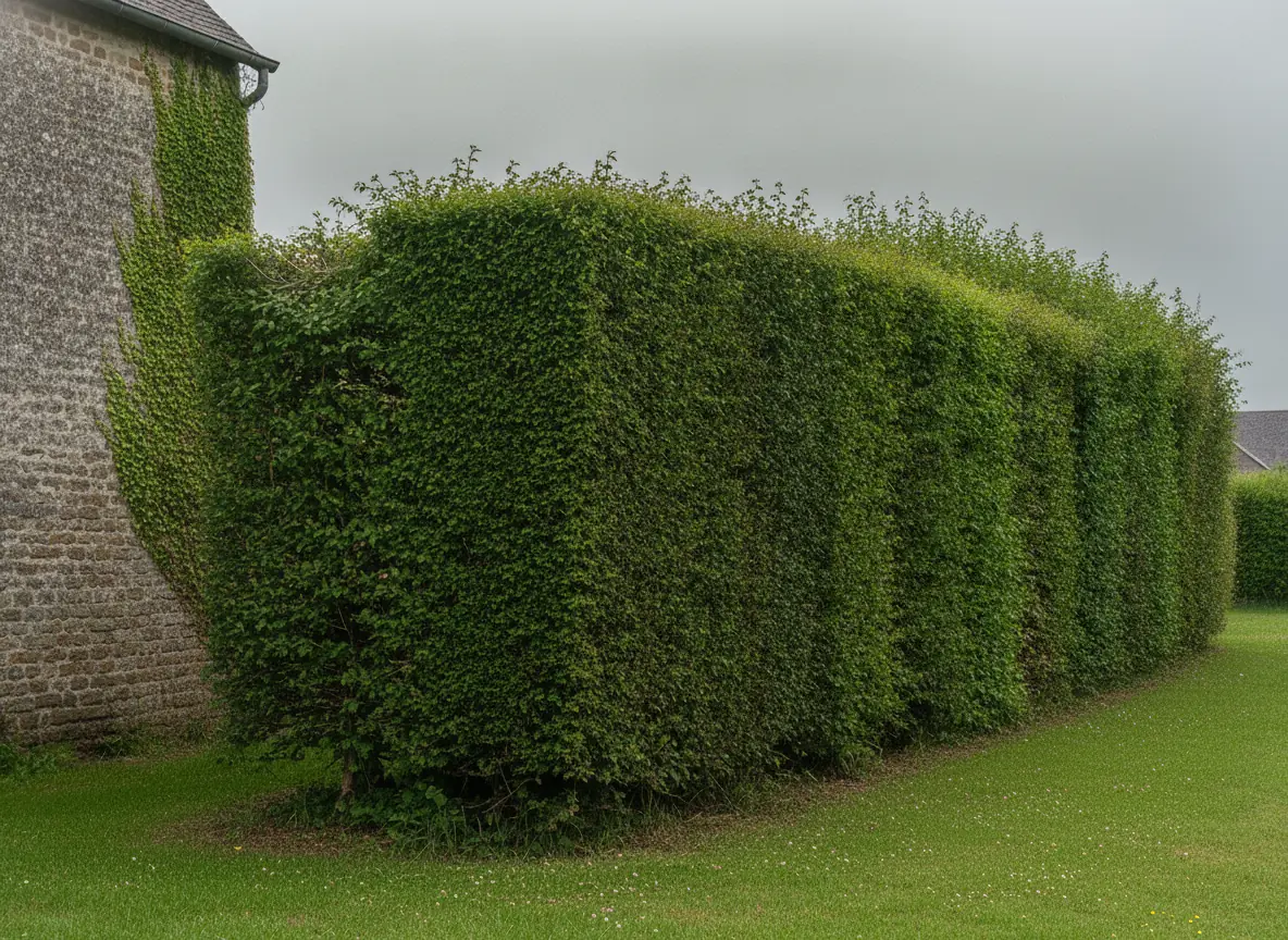 Haie rabattue aux lignes nettes en bordure de jardin près de Beauvais, volume réduit et feuillage propre